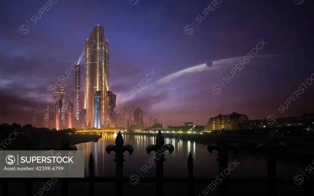 A futuristic city on an extraterrestrial planet in the morning.
