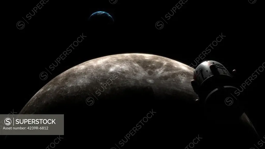 Orion-drive spacecraft in lunar orbit.