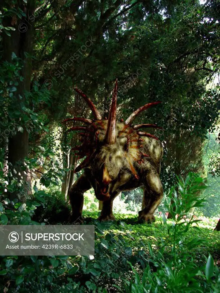 Styracosaurus in a forest.