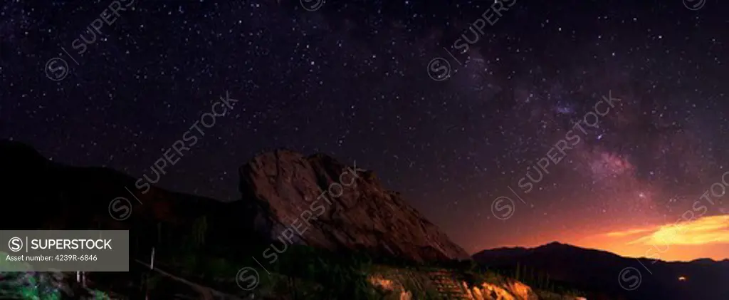 Starry night sky above Alamut castle, Qazvin Province, Iran.