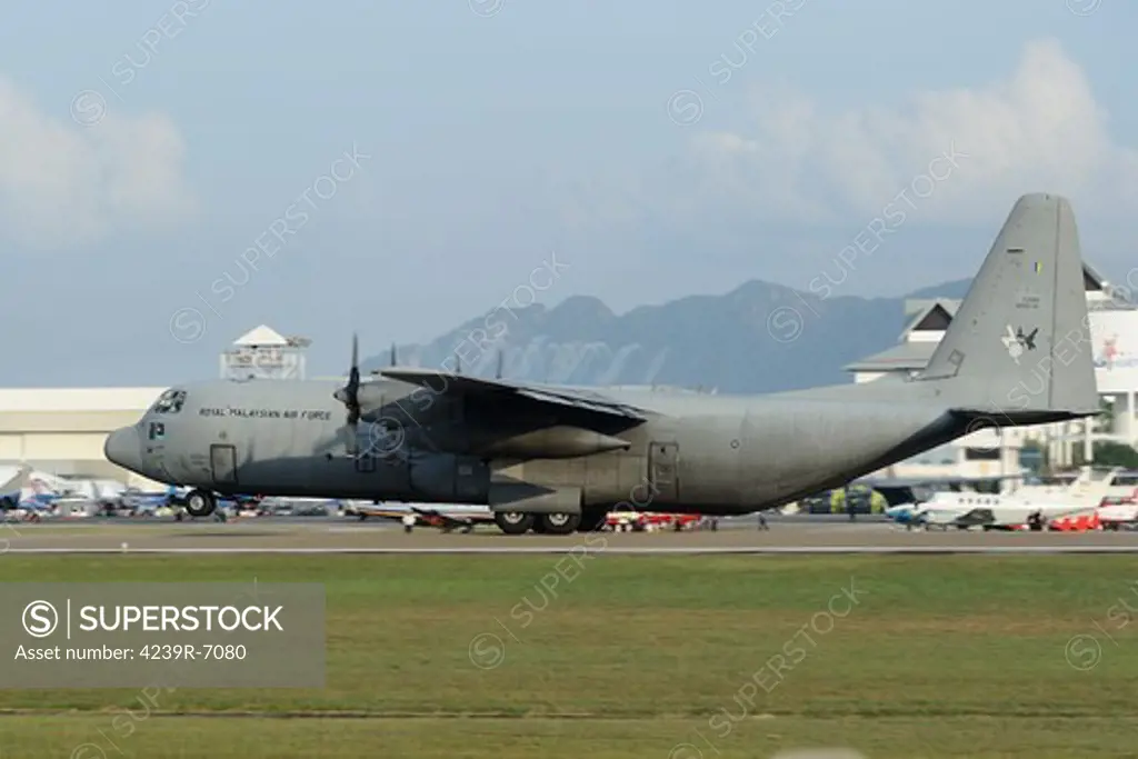 March 26, 2013 - A C-130J Super Hercules of the Royal Malaysian Air Force prepares to take off from Langkawi Airport, Malaysia.