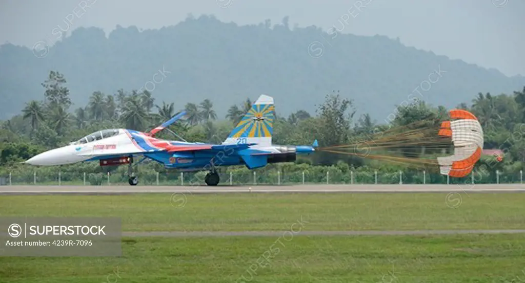 March 28, 2013 - A Sukhoi Su-27 Flanker of the Russian Knights aerobatic team landing at Langkawi, Malaysia.