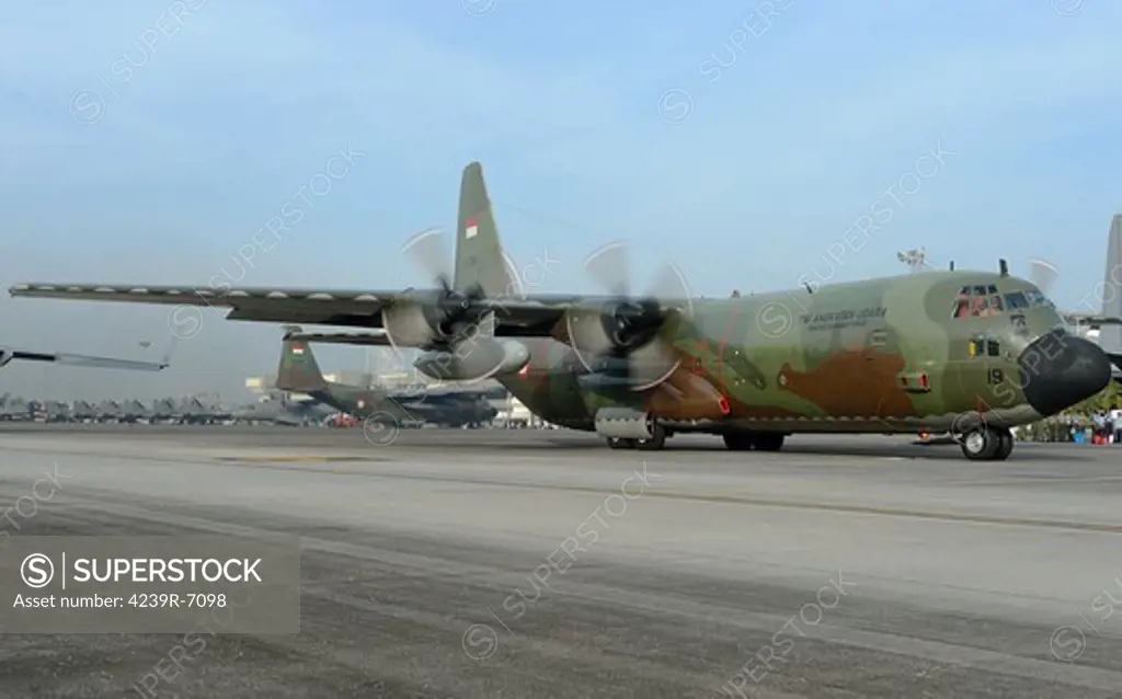 March 31, 2013 - A C-130J Super Hercules of the Indonesian Air Force taxiing at Langkawi Airport, Malaysia.