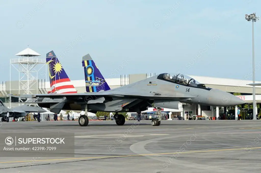 March 31, 2013 - A Sukhoi Su-30 (special colors) of the Royal Malaysian Air Force taxiing at Langkawi Airport, Malaysia.