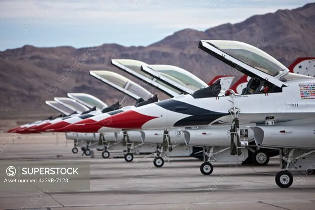 F-16C Thunderbirds on the ramp at Nellis Air Force Base, Nevada.