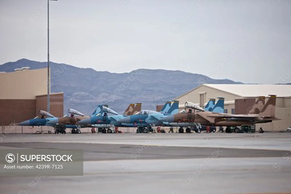 McDonnell Douglas F-15C Eagles of the 57th Adversary Tactics Group at Nellis Air Force Base, Nevada.