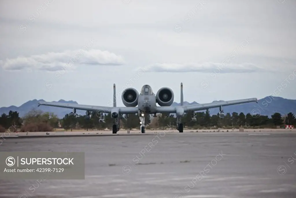 An A-10 Thunderbolt taxis to the runway at Nellis Air Force Base, Nevada, during the 2013 Red Flag Exercise.
