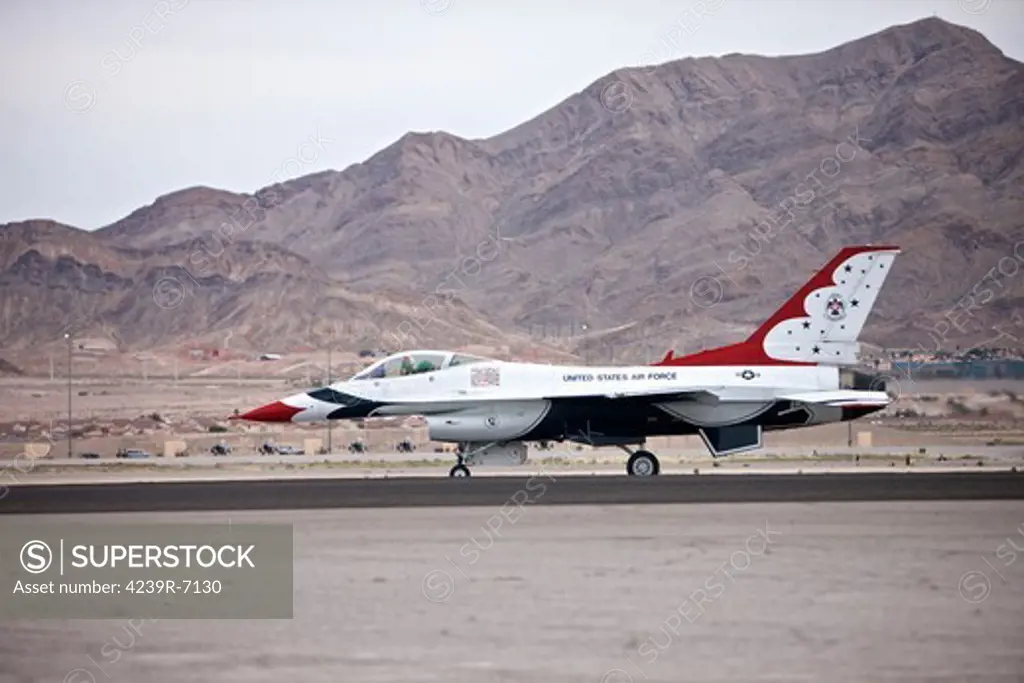 An F-16C Thunderbird sits on the runway at Nellis Air Force Base, Nevada.