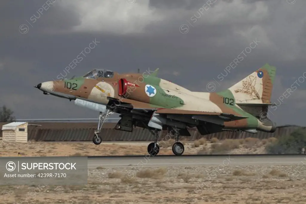 An A-4N Ayit ground-attack aircraft of the Israeli Air Force landing at Hatzerim Air Base, Israel.