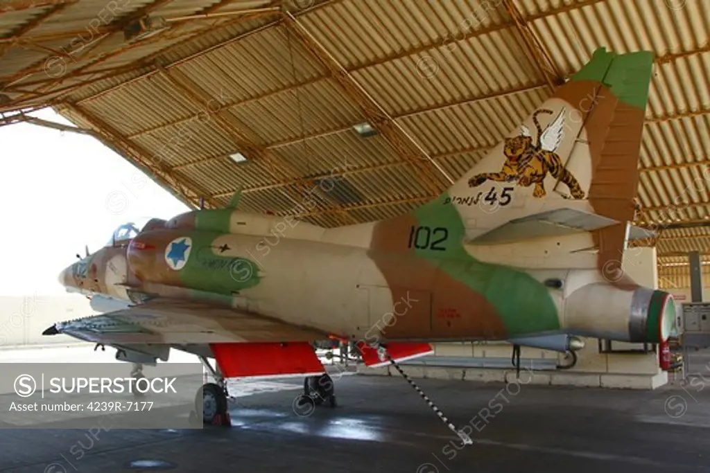 An A-4N Ayit of the Israeli Air Force at Hatzerim Air Force Base in Israel. The aircraft's tail art commemorating 45 years of A-4 operations in the Flying Tigers squadron and the Israeli Air Force.