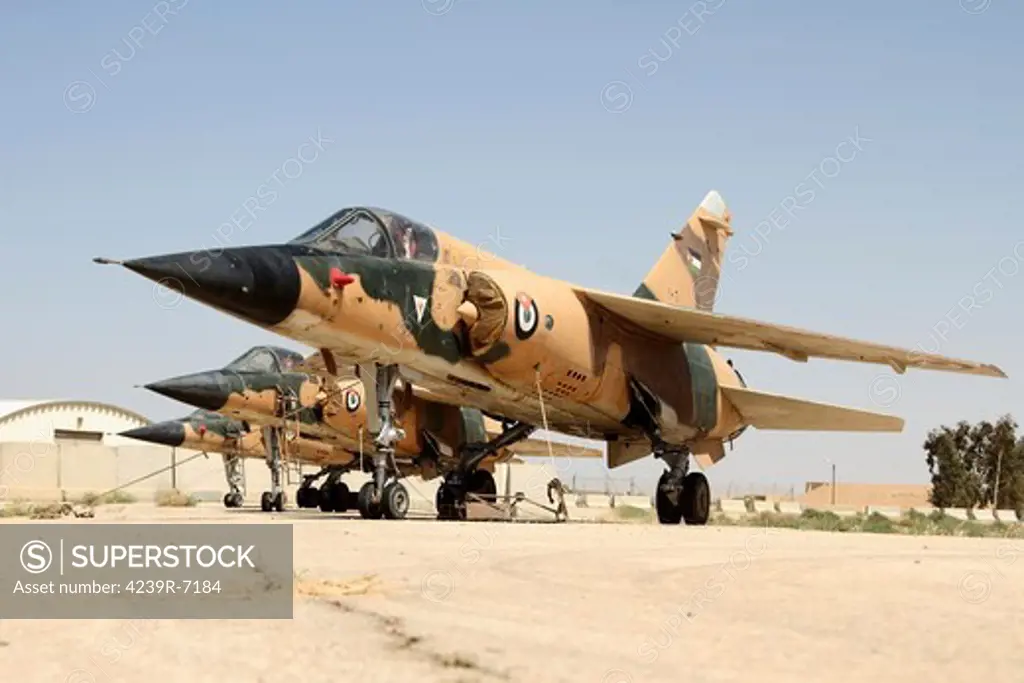 Mirage F.1 fighter planes of the Royal Jordanian Air Force stationed at Azraq Air Force Base, Jordan.