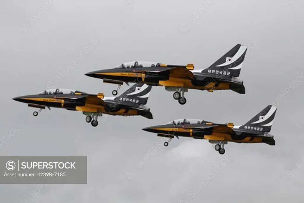 T-50 Golden Eagles from the Black Eagles aerobatic team of the Republic of Korea Air Force in formation flight over Fairford Air Force Base, United Kingdom.