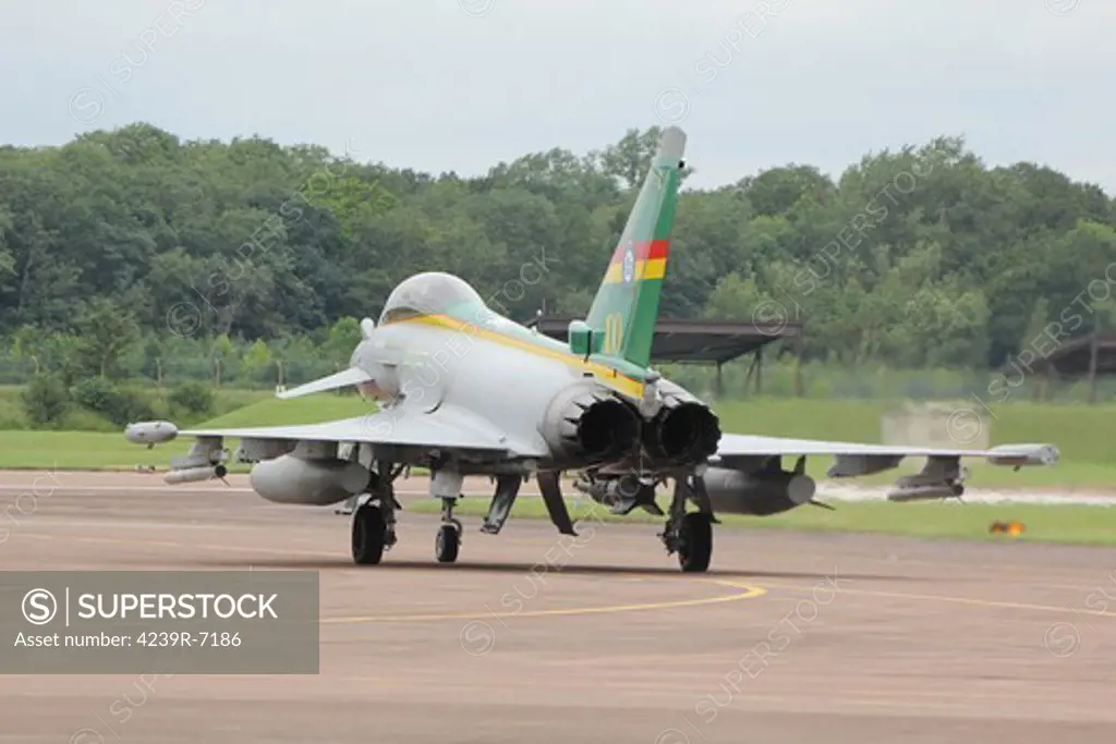 A Eurofighter Typhoon of the Royal Air Force taxis to the end of the runway at Fairford Air Force Base, United Kingdom.