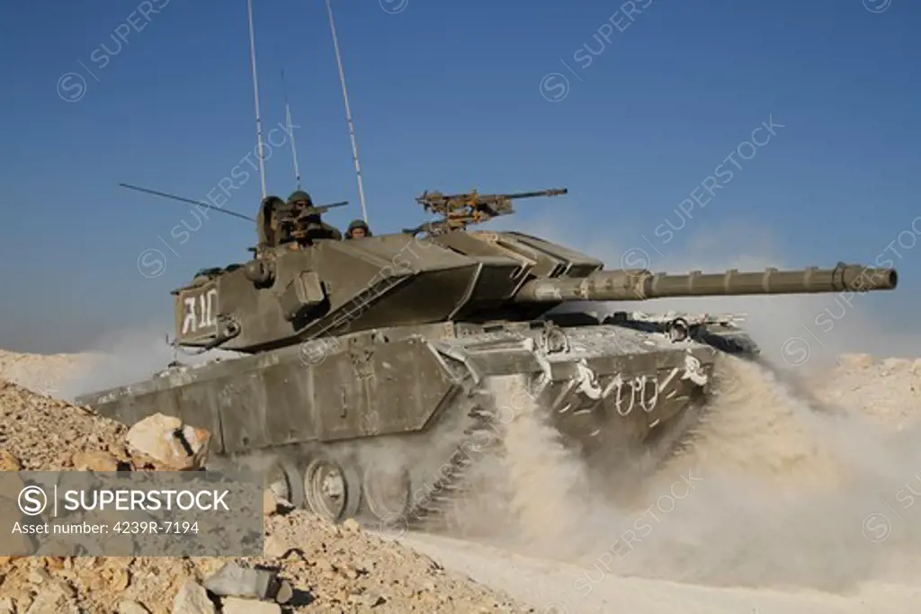 An Israel Defense Force Magach 7 main battle tank during an exercise in the Negev desert, Israel.