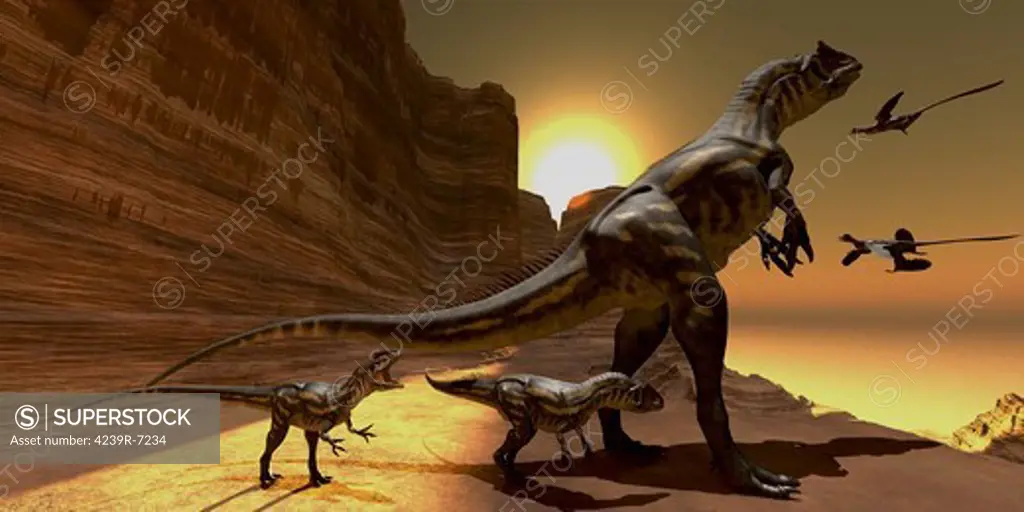 Mother Allosaurus watches as two Archaeopteryx birds fly to mountain cliffs to roost for the night.
