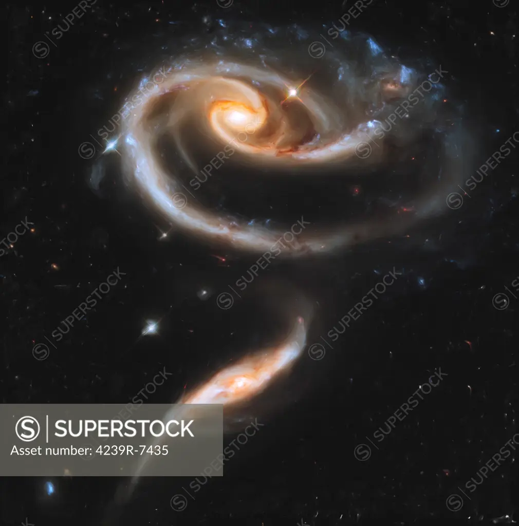 Artist's painting of Arp 273, a group of interacting galaxies in Andromeda. The larger of the two galaxies, UGC 1810, shows a large spiral galaxy with a disk that is distorted into a rose-like shape by the gravitational tidal pull of the companion galaxy below it, known as UGC 1813.