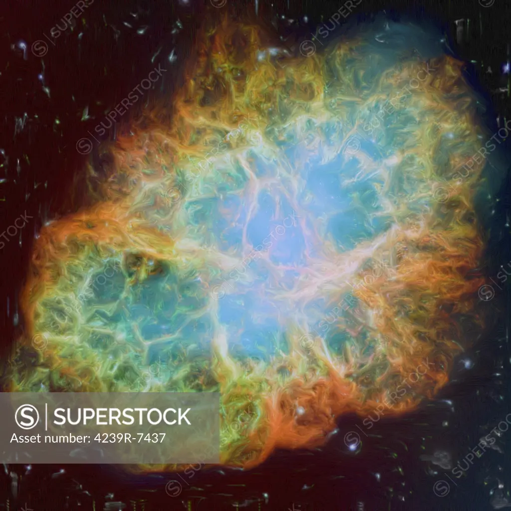 Artist's painting of the Crab Nebula. NGC 1952, the Crab Nebula is a supernova remnant and pulsar wind nebula in the constellation of Taurus.