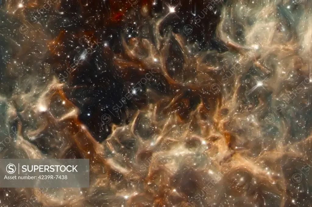 Artist's painting of the starforming region R136 near the center of 30 Doradus, also known as the Tarantula Nebula.