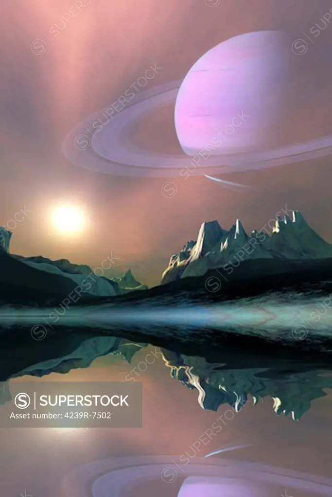 The planet Saturn lights up the sky of one of its moons called Titan.