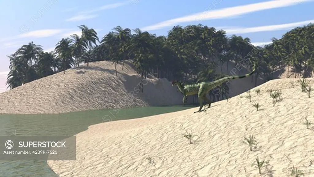 Dilophosaurus walking along the bay.