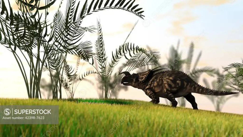 Brown Einiosaurus walking in a field.
