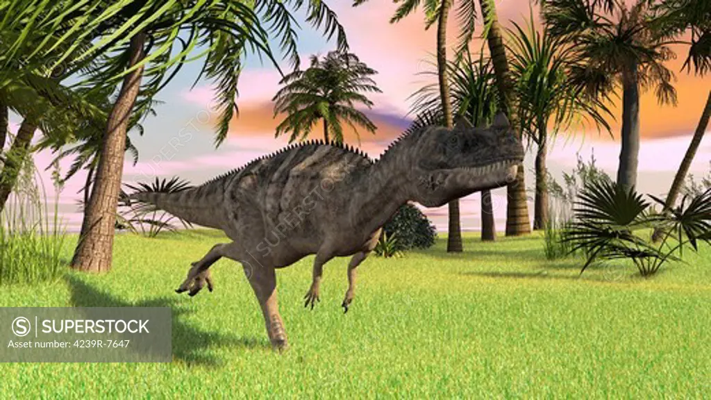 Ceratosaurus running across a field.