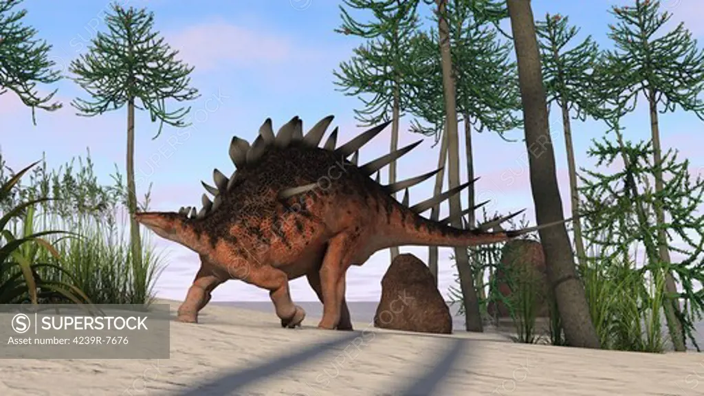 Kentrosaurus walking across a prehistoric landscape.