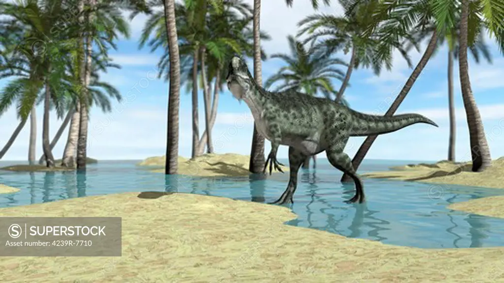 Monolophosaurus grazing shallow waters of a prehistoric environment.