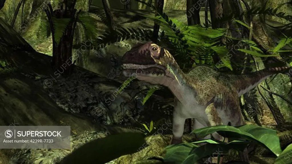 Utahraptor in a prehistoric forest.