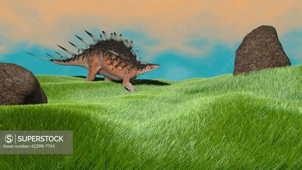 Kentrosaurus walking across prehistoric grasslands.