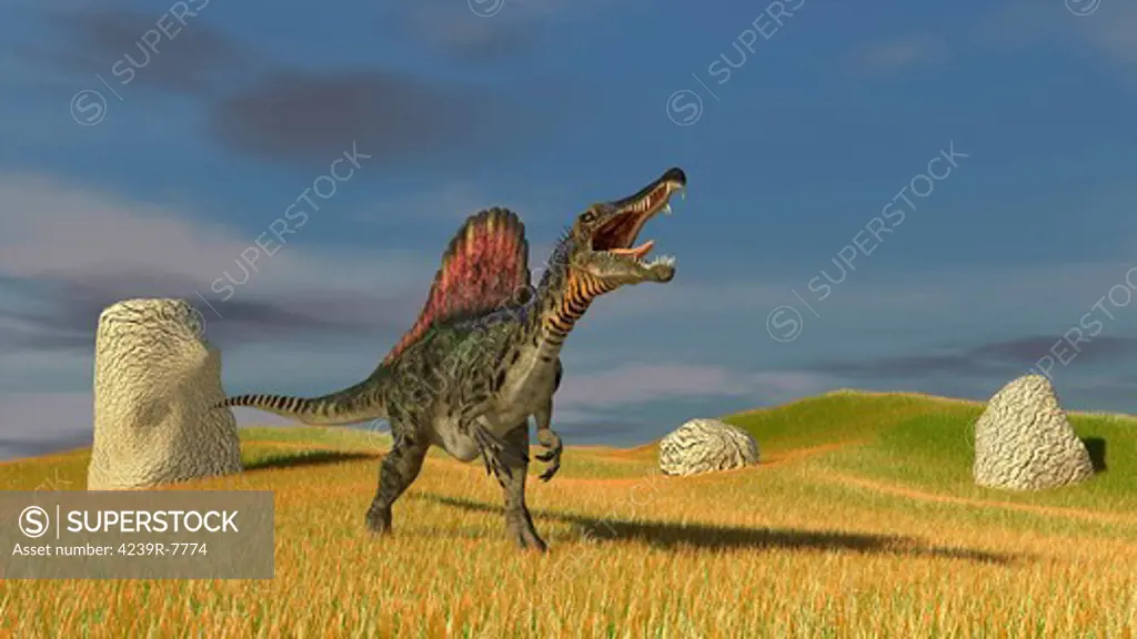 Spinosaurus hunting in prehistoric grasslands.