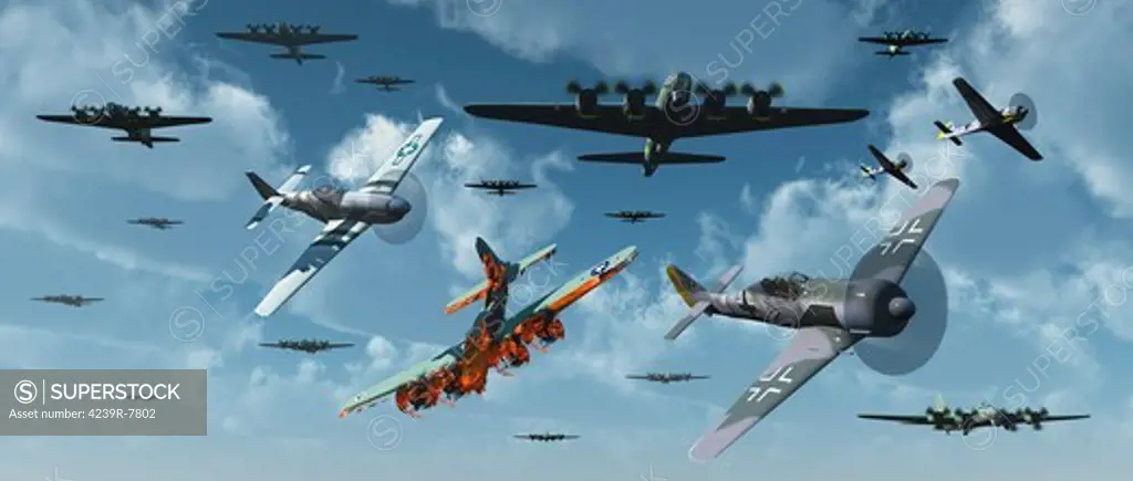 Squadrons of B-17 bombers with their P-51 Mustang Escort, coming under attack from German Focke-Wulf fighter planes.