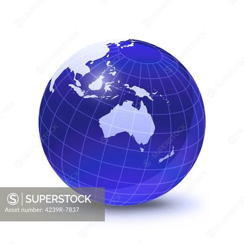 Stylized Earth globe with grid, showing Oceania and Australia.