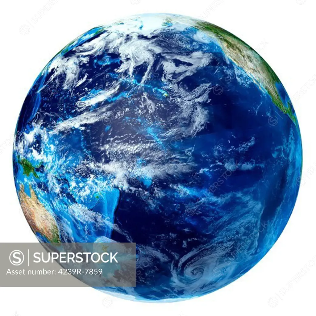 3D rendering of planet Earth with clouds, centered on the Pacific Ocean.
