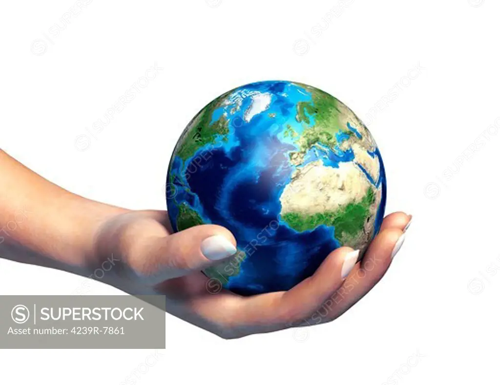 Human hand holding planet earth.