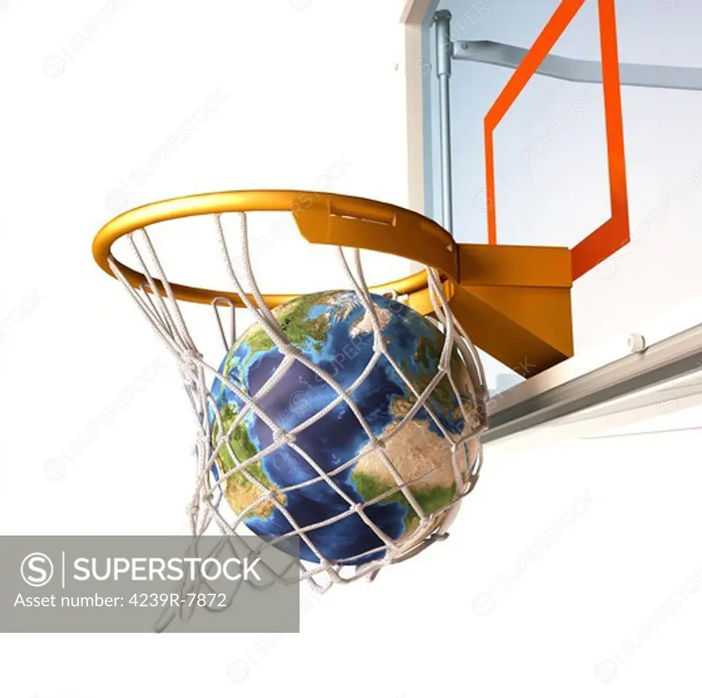 3D rendering of planet Earth falling into a basketball hoop.