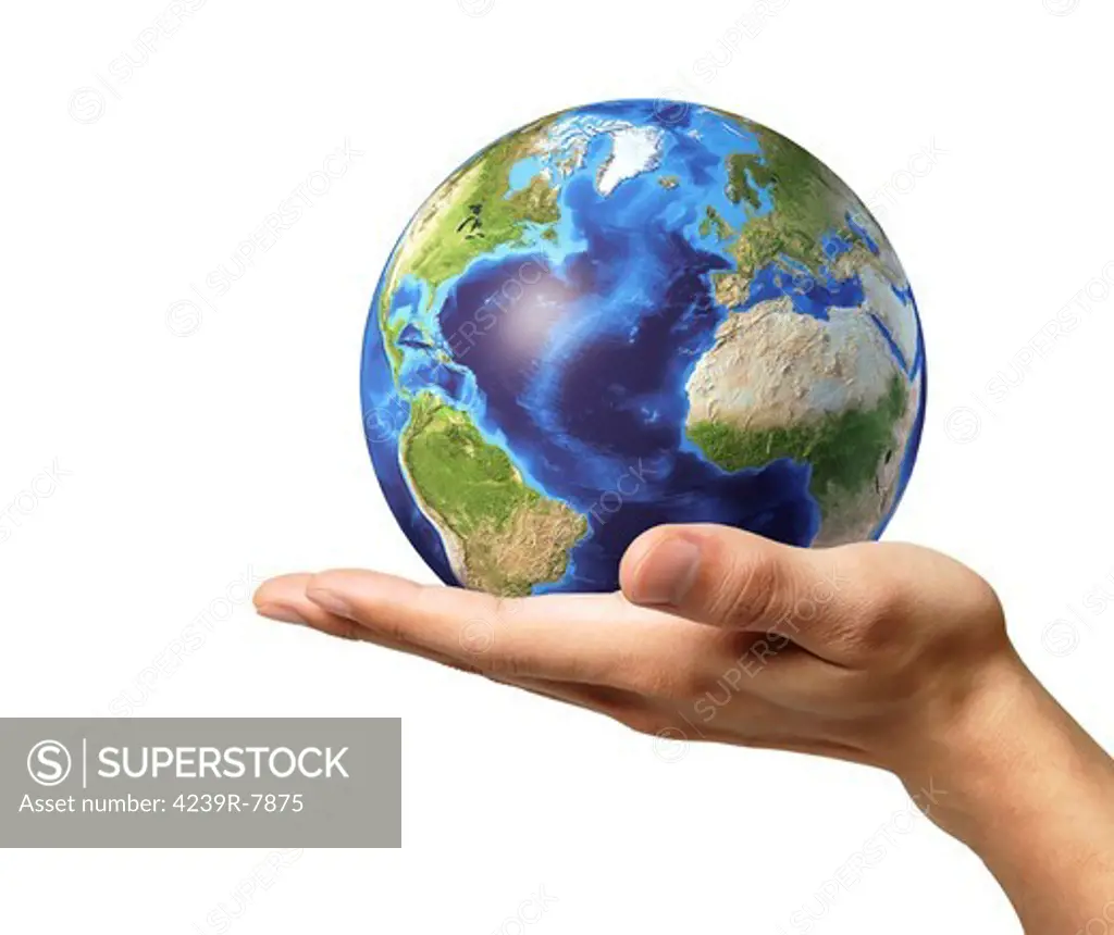 Male hand holding Earth globe, white background.