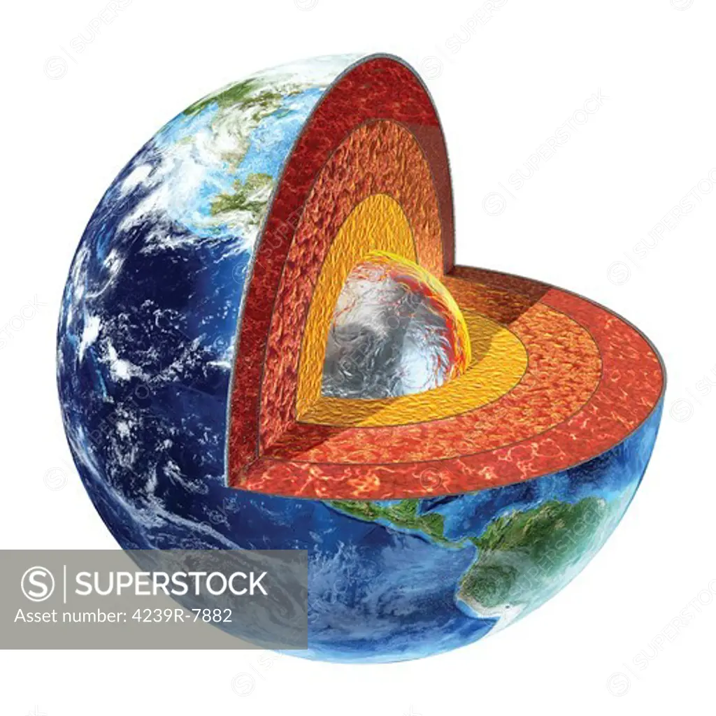 Cross section of planet Earth showing the inner core, made by solid iron and nickel, with a temperature of 4500Á Celsius.