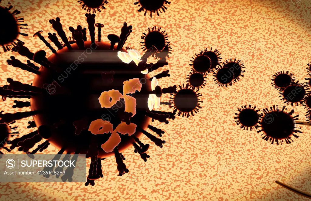 A black swarm of H5N1 avian flu viruses are attacked by antibodies (the three legged elements), which mark the virus for destruction.