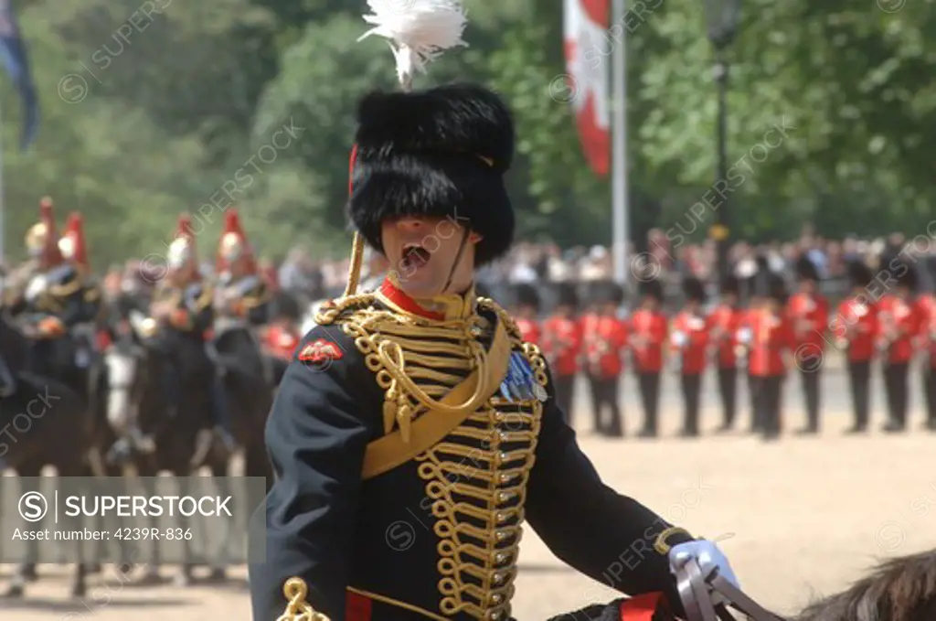 An officer shouts commands during the Trooping the Colour ceremony at Horse Guards Parade, London, England
