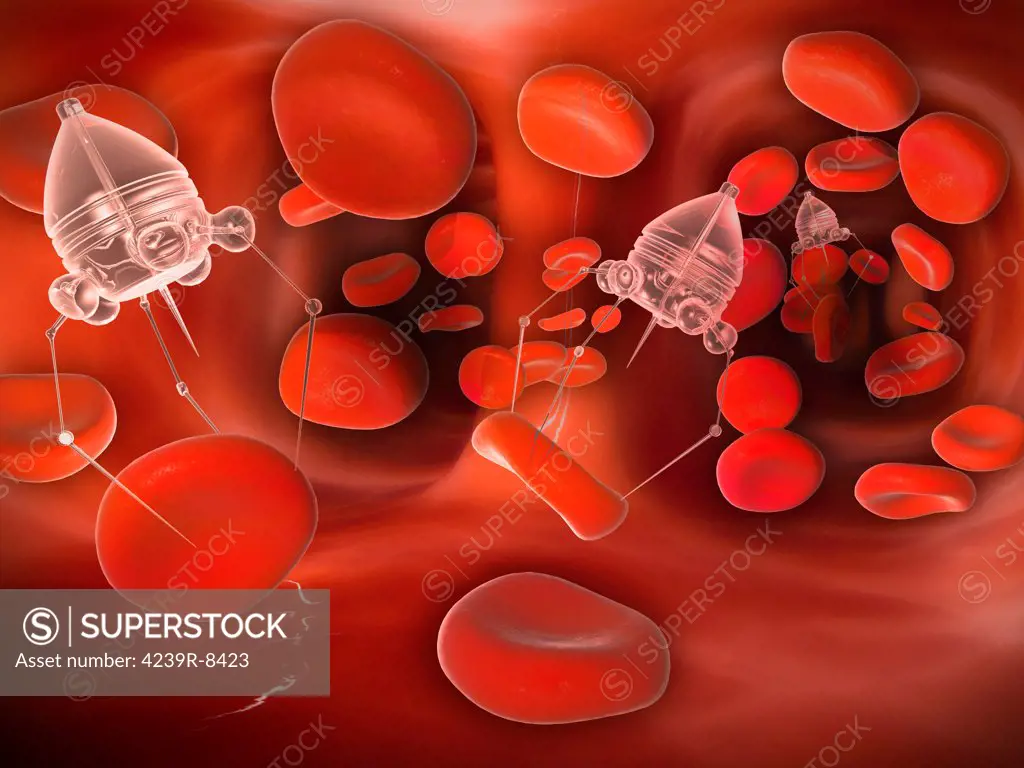 Medical nanobots in the bloodstream with red blood cells.