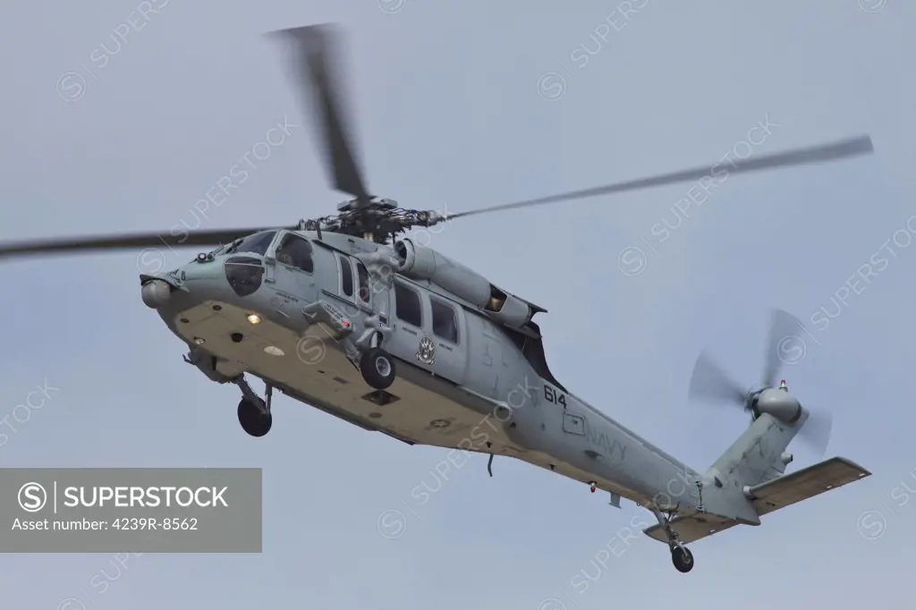 A U.S. Navy MH-60S Seahawk in flight over Coronado, California.