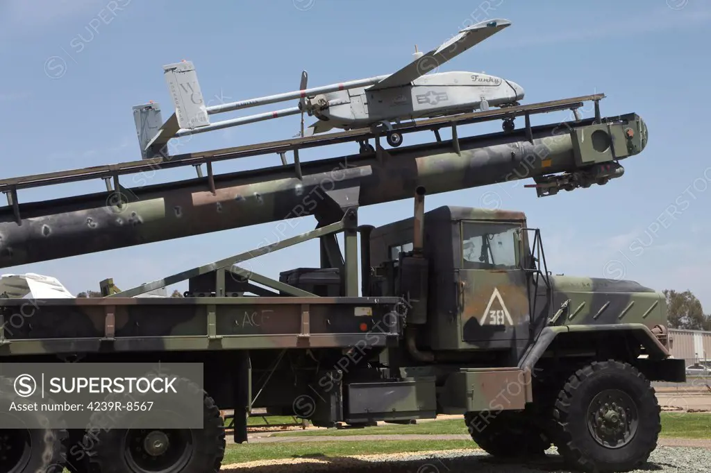 An RQ-2B Pioneer unmanned aerial vehicle on an M927 logistics truck.