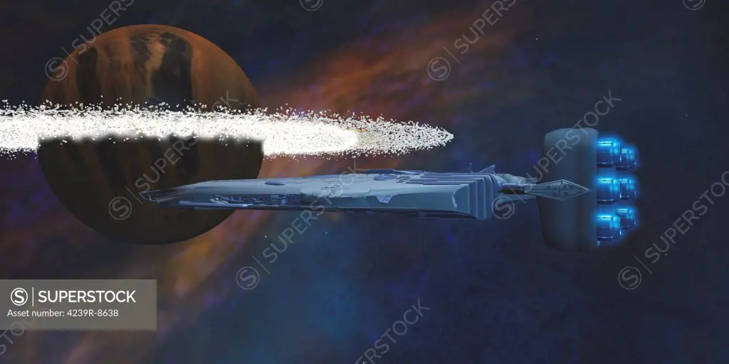 A starship passes by a planet with a ring of asteroids on its journey to a nearby nebula.