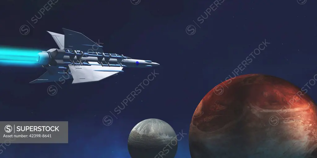 A starship from Earth travels to a red planet to begin an exploratory expedition.