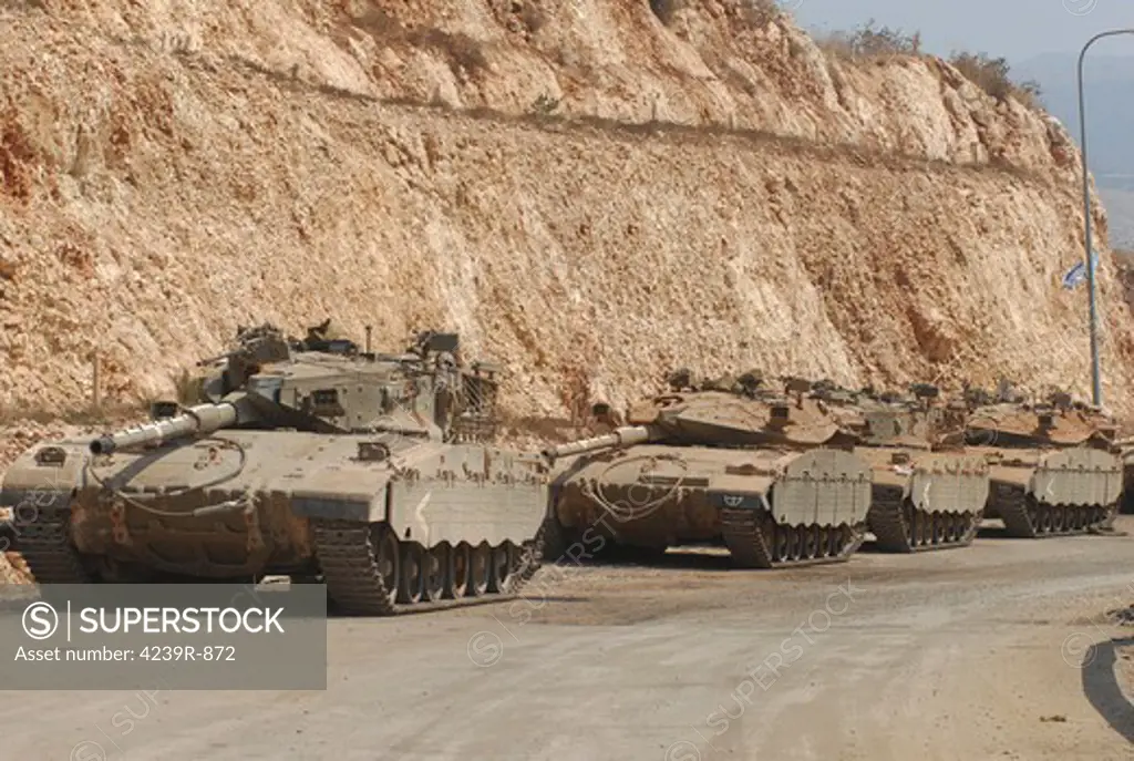 Israeli Defense Force Merkava Mark III-D battle tanks en route to Lebanon.