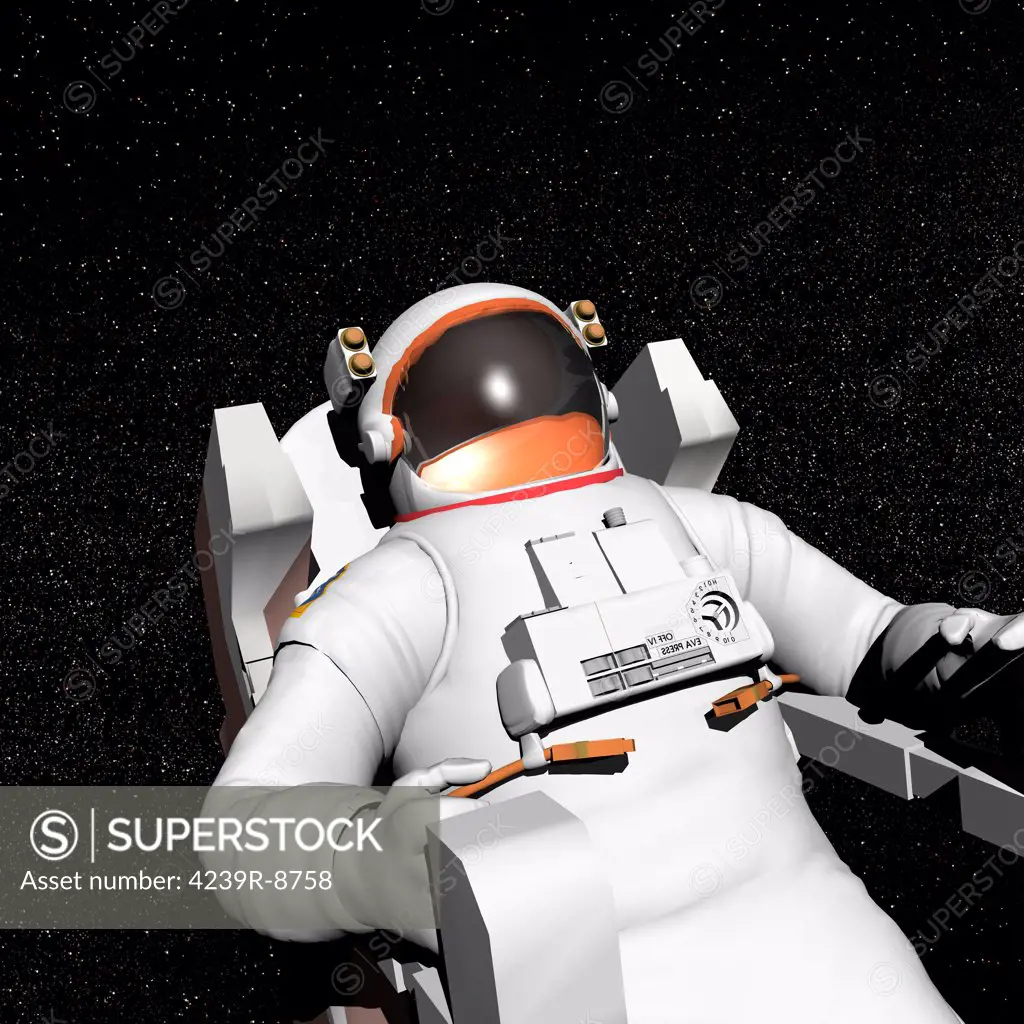 Astronaut floating alone in the dark space surrounded with stars.