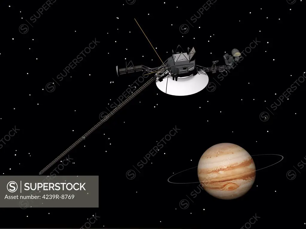 Voyager spacecraft near Jupiter and its unrecognized ring.
