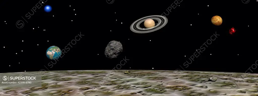 View of the universe and planets as seen from a distant moon.