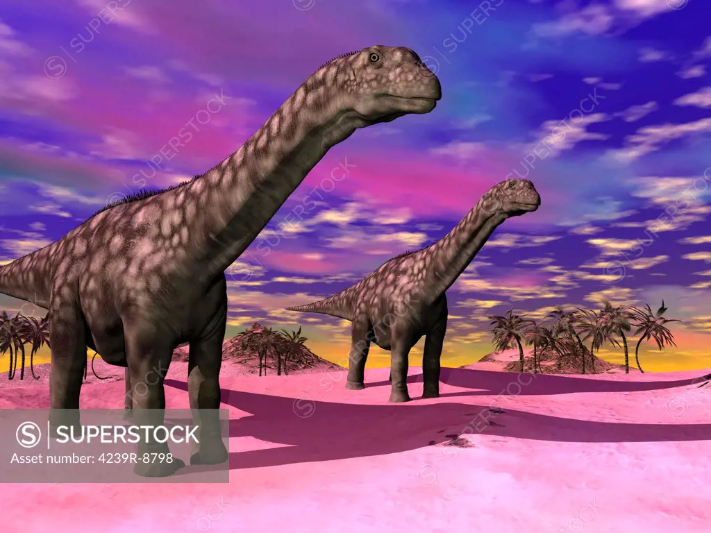 Two Argentinosaurus dinosaurs in a prehistoric landscape with colorful sky.